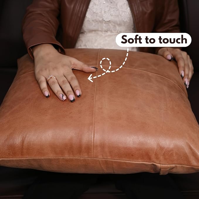 D DOLLY LAMB Lambskin Leather Pillow Cover - Sofa Cushion Case - Decorative Throw Covers for Living Room & Bedroom, 18x18 Inches - Antique Brown Plain