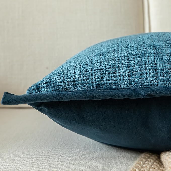 Yaertun Pack of 2 Chenille Textured Decorative Throw Pillow Covers Accent Solid Cushion Cover Soft Cozy Pillow Case with Velvet Back for Couch Sofa Bed Living Room 16x16 Inch Blue