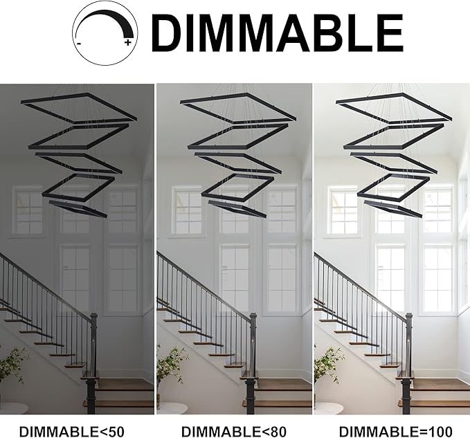 Square Led Chandelier Modern Hanging Light 5-Rings Contemporary Ceiling Pendant Light Dimmable Pendant Light for Living Room Kitchen Dining Room 15.7"+19.6"+23.6"+27.5"+31.4" Black 110V 180W