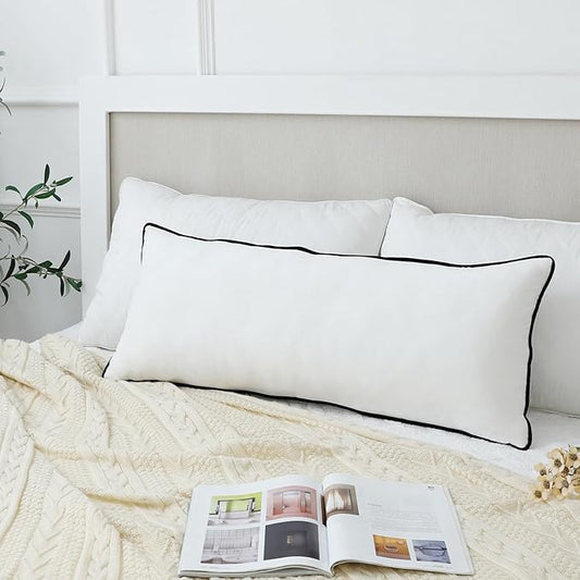 LIGICKY Long Lumbar Pillow Cover 14x36 inch White Velvet Black Rope Edging Throw Pillow Covers Decorative Rectangular Body Pillow Case Accent Textured Cushion Cover for Bed Couch(Cover Only)