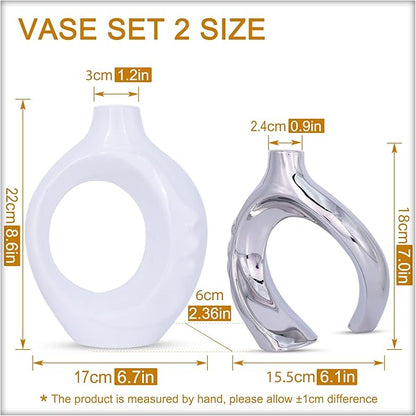 White Ceramic Vase Set of 2, White and Silver Round Donut Ceramic Decorative Vase for Living Room Decor, Bookshelf, Mantel, Dining Table Centerpiece Decor (White Silver)