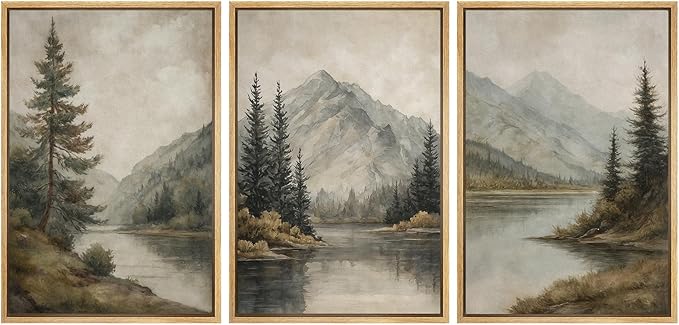 MUDECOR Framed Wall Art Print Set Mountain Landscape Nature with Trees, Lake, and Mountains, Rustic Illustrations Modern Art Decorative Colorful for Living Room, Bedroom, Office - 24"x36"x3 Natural