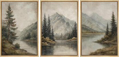 MUDECOR Framed Wall Art Print Set Mountain Landscape Nature with Trees, Lake, and Mountains, Rustic Illustrations Modern Art Decorative Colorful for Living Room, Bedroom, Office - 24"x36"x3 Natural