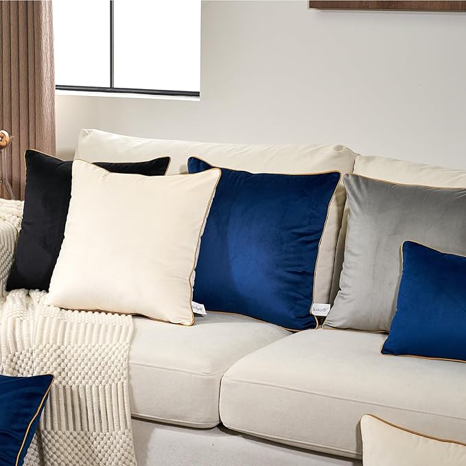 Aeckself Pack of 2 Navy Blue Velvet Pillow Covers 20 x 20 Inch, Modern Luxury Decorative Pillowcase with Gold Trim Edge, Comfortable Soft Solid Cushion Case for Couch Bedroom Living Room