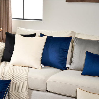 Aeckself Pack of 2 Navy Blue Velvet Pillow Covers 20 x 20 Inch, Modern Luxury Decorative Pillowcase with Gold Trim Edge, Comfortable Soft Solid Cushion Case for Couch Bedroom Living Room