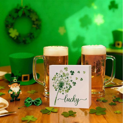 St Patrick's Day Table Decor Lucky Shamrock Wooden Box Sign, Minimal Irish Themed Tabletop Decor for Home Shelf Desk Entryway, Farmhouse Holiday Wooden Decoration for Spring Display 5 x 5 Inches
