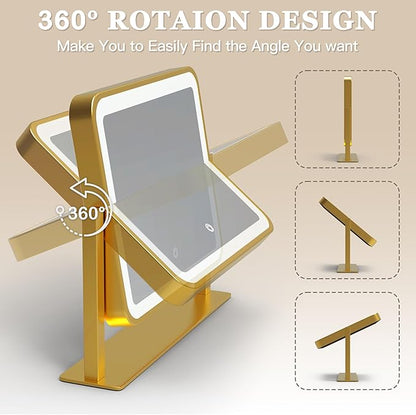 ROLOVE Gold Vanity Mirror with Lights, 14"×12" LED Makeup Mirror, Lighted Makeup Mirror with Lights, Smart Touch Control 3 Colors Dimmable, Lighted Up Mirror for Makeup Desk, 360° Rotation