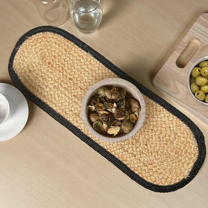 CHARDIN HOME Verona Oval Woven Jute & Cotton Braided Table Runner, Size -8 x 24 Inches, Color - Natural Jute with Black Border