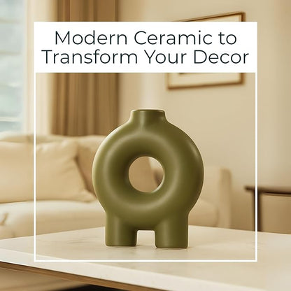 Modern Geometric Ceramic Vase – Stoneware Flower Holder with Unique Circular Design – Decorative Accent for Home Decor, Living Room, Bedroom, Office, Shelf & Table Display – 7", Olive Color