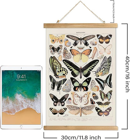 XIAOAIKA Vintage Butterfly Hanging Poster with Wooden Frame, Retro Style Wall Decor Art Painting, Patterns Printed on Linen Without Fading, Ready to Hang (12 x 16)