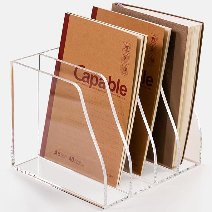 Acrylic Magazine File Holder, 4 Vertical Compartments Desk Document Sorter Organizer, Clear Folder Rack Binder for Office, Documents, Tablets, Magazines, Books – Home/Classroom Rack