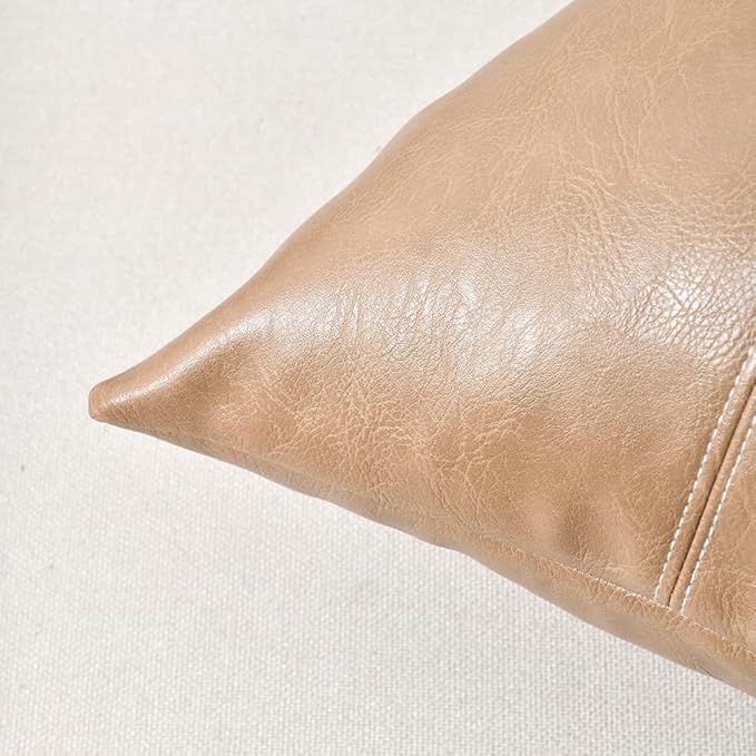 Fancy Homi 2 Packs Tan Decorative Throw Pillow Covers 16x16 Inch for Living Room Couch Bed, Modern Farmhouse Boho Home Decor, Faux Leather Hand Stitched Beige Accent Square Cushion Case 40x40 cm