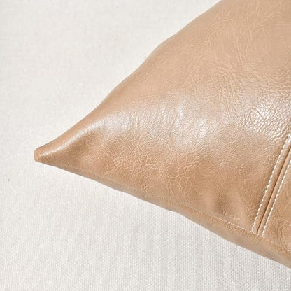 Fancy Homi 2 Packs Tan Decorative Throw Pillow Covers 20x20 Inch for Living Room Couch Bed, Modern Farmhouse Boho Home Decor, Waterproof Faux Leather Hand Stitched Beige Square Cushion Case 50x50 cm