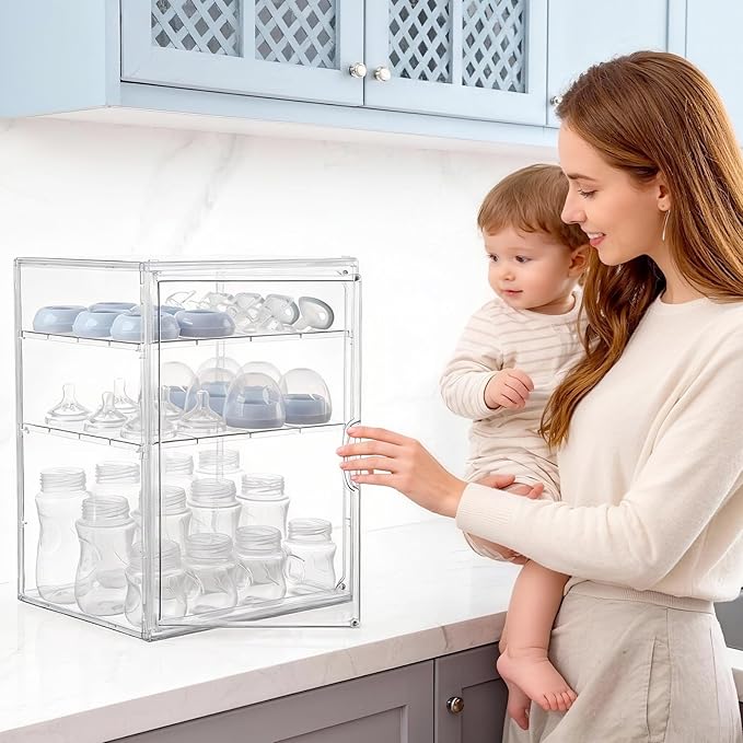 Baby Bottle Organizer, 3 Tiers Adjustable Clear Acrylic Baby Bottle Storage Organizer with 3 Removable Dividers and Magnetic Door, Suitable for Countertop and Kitchen