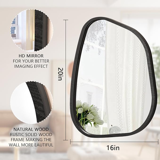 Irregular Wall Mirror Asymmetrical White Mirror Modern Wood Frame Unique Shape Wall Mounted Vanity Artistic Mirror Decor for Living Room Bedroom Bathroom Entryway Hallway 20"x16"