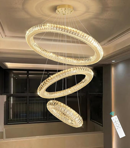 3 Rings Chandelier Modern Dimmable High Ceiling Large Ring Chanderliers Entryway Crystal Pendant Lights for Entryway Foyer Living Room Gold Light