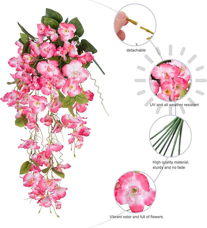 Fake Hibiscus Artificial Hanging Flowers Plants for Outdoors Spring Decoration, 4pcs Silk Hibiscus Vines Realistic UV Resistant Pink Faux Flowers for Outside Planter Porch Patio Yard Wedding Party Urn