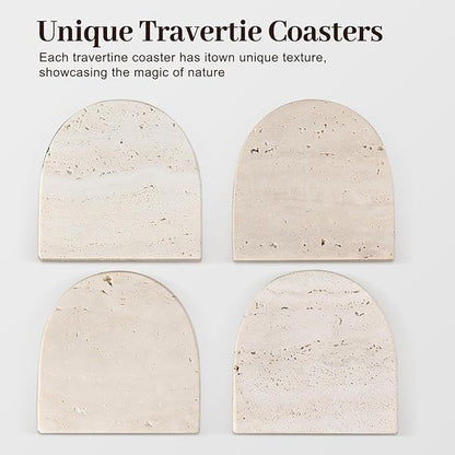 Koville Travertine Coaster Set of 4, Natural Marble Coasters for Drinks, 4" Stone Coasters Modern Arch Shape Heat Resistant, Decorative Marble Coaster for Table Home Decor(Beige)