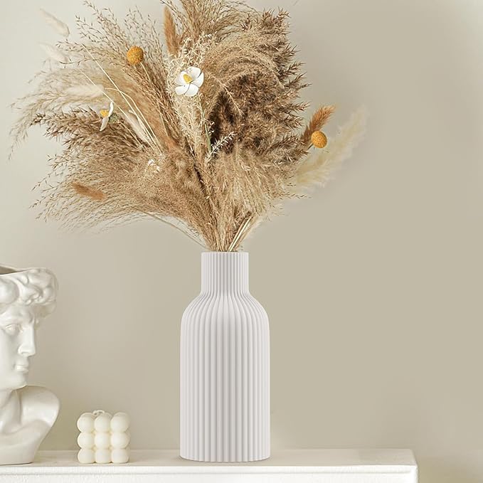 White Ceramic Flower Vase, Minimalist Modern Home Decor, Matte Finish Pampas Grass Vase for Table, Fireplace, Shelf, Mantel, Entryway and Centerpieces (10in)