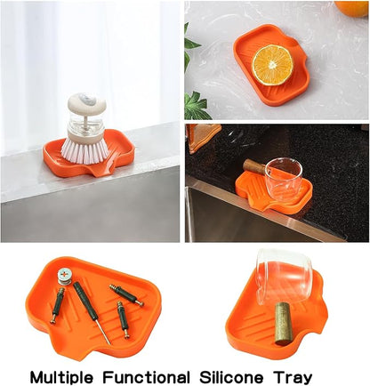 Silicone Bathroom Soap Dishes with Drain Spout-Bathroom and Kitchen Sink Organizer,Sponge Holder,Dish Soap Tray,Perfect for Dispenser,Scrubber,Bottle,Cup on Sink or Counter-Orange 4.9"×3.2"