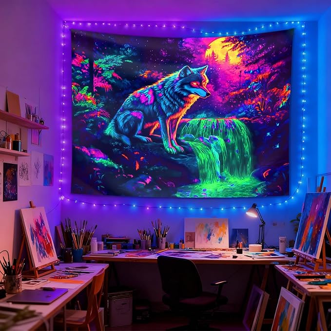 seewan Black Light Wolf Tapestry, Mysterious Wolf Tapestry, UV-Reactive Black Light Standing Tapestry, Vibrant Psychedelic Wall Hanging, Bedroom Dorm Living Room Background Decor
