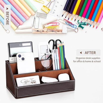 KINGFOM 5PCS Desk Organizer and Accessories Set, Pu Leather Office Supplies with Multifunction Desktop Organizer Storage Box, Tissue Holder, Mouse Pad, Note Paper Holder, Pencil Holder for Desk Brown