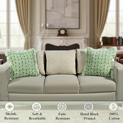 Ridhi Apple Green Floral Modern Farmhouse Pillow 18x18 Block Print Cotton Throw Pillow Covers Set of 2 Cushion Covers with Ruffle Couch Sofa Bed Living Room Home Decor for Christmas,Thanksgiving