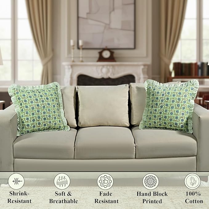 Ridhi Apple Green Floral Modern Farmhouse Pillow 24x24 Throw Pillow Covers Set of 2 Cushion Covers with Ruffle for Couch Sofa Bed Living Room Home Decor for Christmas, Thanksgiving