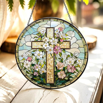 8 Inch Stained Glass Cross Suncatcher for Window Hanging, Christian Stained Glass Windows Hanging Religious Gifts for Women, Sun Catcher for Home Garden Decor, Easter, Faith,Baptism, Memorial (Cross)