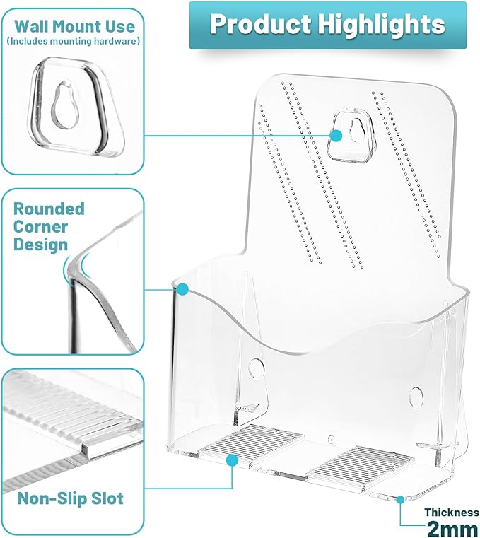 Acrylic Brochure Holder 6 x 8 Inches, 2-Pack Clear Plastic Display Stand for Half-Fold Flyers, Pamphlets, Menus, Trifold Literature, Wall Mount or Countertop Use