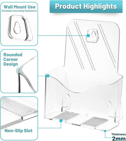 Acrylic Brochure Holder 6 x 8 Inches, 2-Pack Clear Plastic Display Stand for Half-Fold Flyers, Pamphlets, Menus, Trifold Literature, Wall Mount or Countertop Use