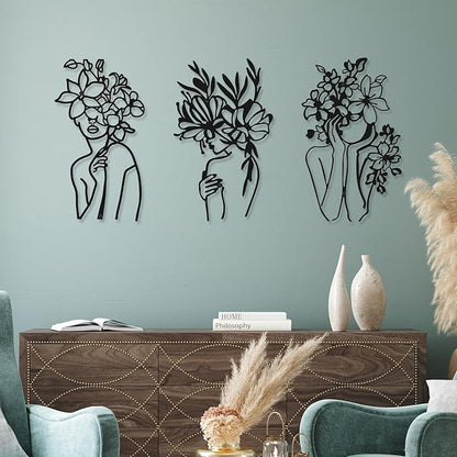 Photect 3 Pcs Metal Wall Art Decor Minimalist Abstract Woman metal Modern Line Drawing Wall Art Decor Female Single Line Home Hanging for Bedroom Kitchen Bathroom Living Room
