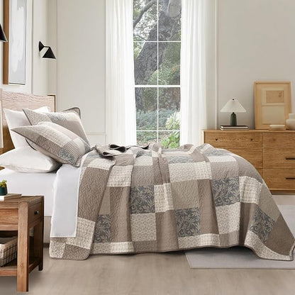 100% Cotton Quilt Set King Size - Plaid Quilted Comforter, Patchwork Botanical King Quilt Bedspread, Modern Farmhouse Lightweight Bedding for King Bed, 3pcs, Brown/Beige/Khaki
