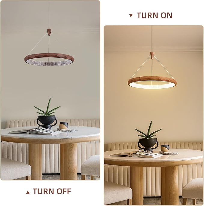 HEYAN 15.8" Farmhouse Pendant Light in Walnut Wood Finish, Light Fixtures Over Table，Original Design Angled-Facet Ring Kitchen Island Lighting for Dining Room Table Coffee Bar Counter