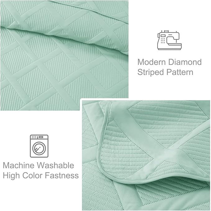 Exclusivo Mezcla Twin Size Quilt Set - Light Green Quilts Bedding Set with 2 Pillow Shams, Modern Bedspread with Striped Pattern, Soft Lightweight Bedspreads Coverlets for All Seasons