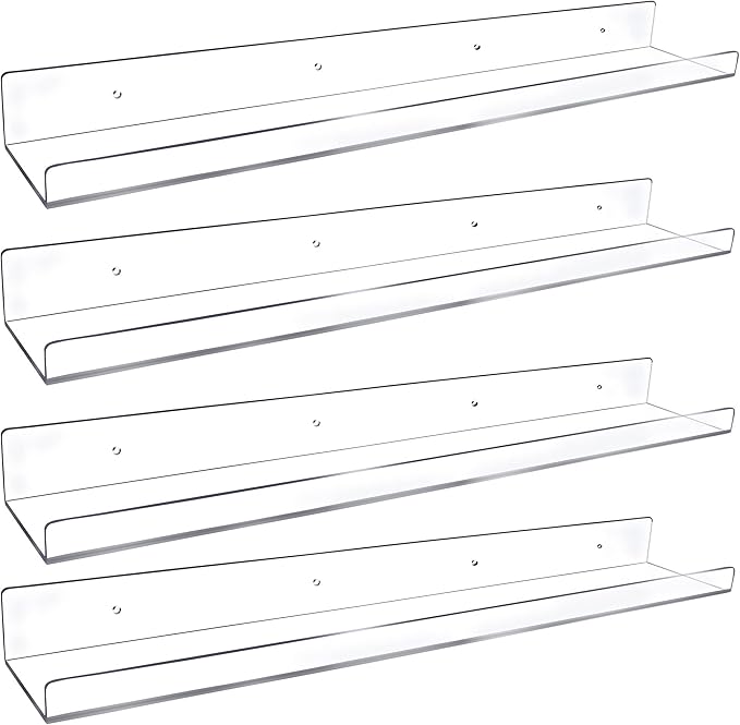Febwind 4 Pack 24-Inch Long Clear Acrylic Floating Shelves U Shape Wall Shelf for Book Display Makeup Product Spice Organizer