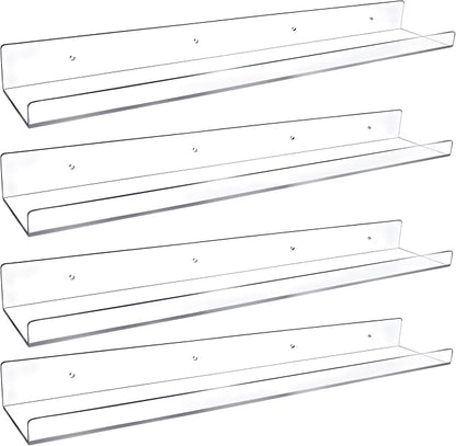 Febwind 4 Pack 24-Inch Long Clear Acrylic Floating Shelves U Shape Wall Shelf for Book Display Makeup Product Spice Organizer