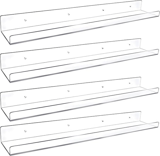 Febwind 4 Pack 24-Inch Long Clear Acrylic Floating Shelves U Shape Wall Shelf for Book Display Makeup Product Spice Organizer