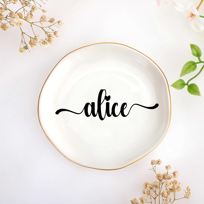 JoycuFF Alice Personalized Name Ceramic Jewelry Tray, Mothers Day Christmas Anniversary Engagement Birthday Gifts for Women Couples, Trinket Dish for Rings Earrings Necklaces Bracelets Keys