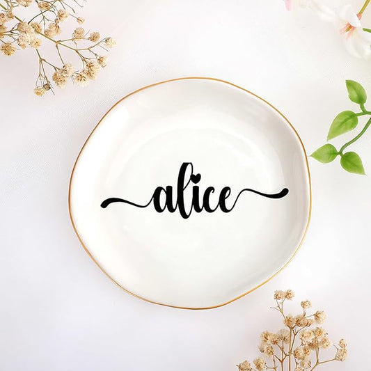 JoycuFF Alice Personalized Name Ceramic Jewelry Tray, Mothers Day Christmas Anniversary Engagement Birthday Gifts for Women Couples, Trinket Dish for Rings Earrings Necklaces Bracelets Keys