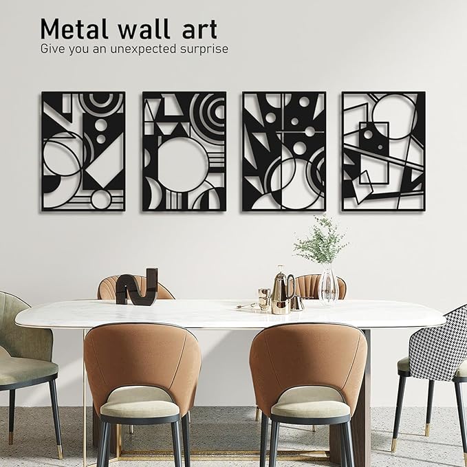 Bakovity Black Abstract Wall Art, Metal Art Wall Decor, Large Geometry Art, Modern 3D Abstract Wall Sculptures for Bedroom Bathroom Living Room (4 Pack, 22.5 x 16 in)