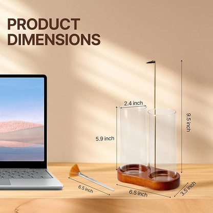 Incense Holder with 2 High Glass Bottle,Wooden Base Incense Stick Holder for Desktop,Incense Burner for Ash Collection,Ash Container