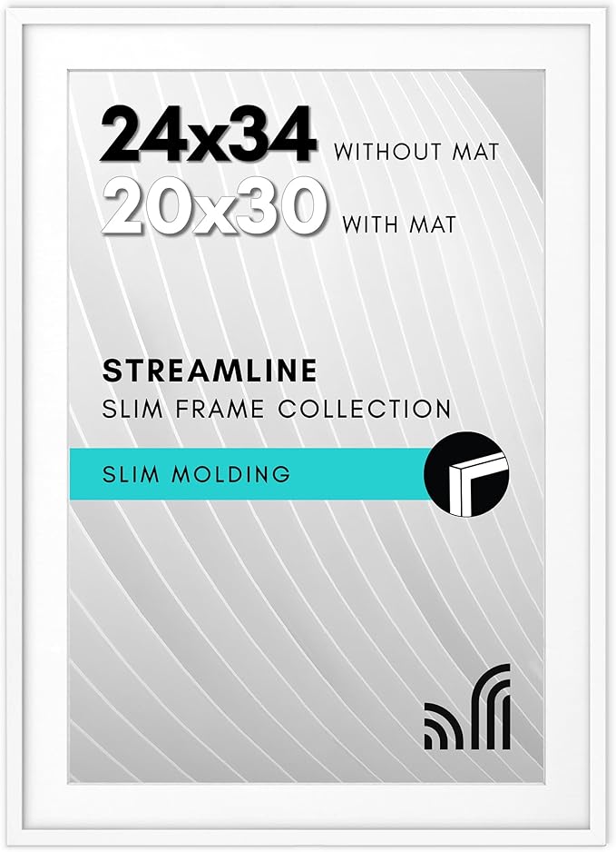 Americanflat 24x34 Poster Frame with Polished Plexiglass - Use as 20x30 Frame with Mat or Display 24x34 Photo Without Mat - Streamline Collection - Thin Border Picture Frames for Wall - White