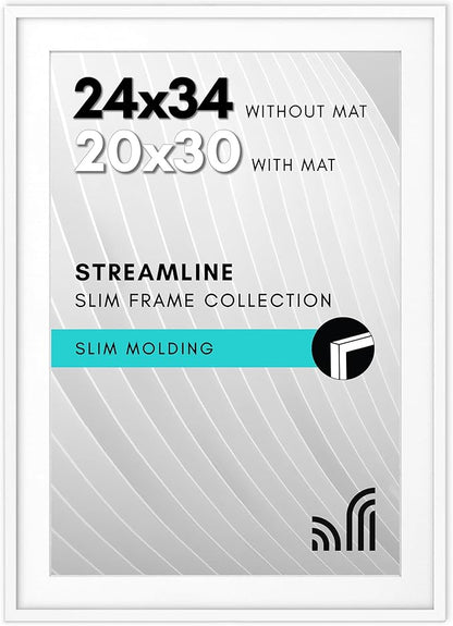 Americanflat 24x34 Poster Frame with Polished Plexiglass - Use as 20x30 Frame with Mat or Display 24x34 Photo Without Mat - Streamline Collection - Thin Border Picture Frames for Wall - White