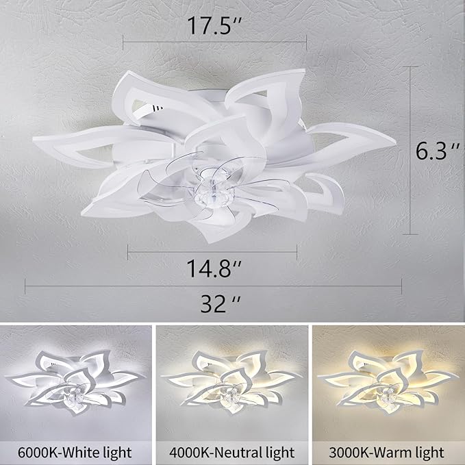 HuixuTe 32" Modern Geometric Ceiling Fan with Lights Remote Control, White 6 Speeds 3 Colors Low Profile Ceiling Fan with Light for Living Room