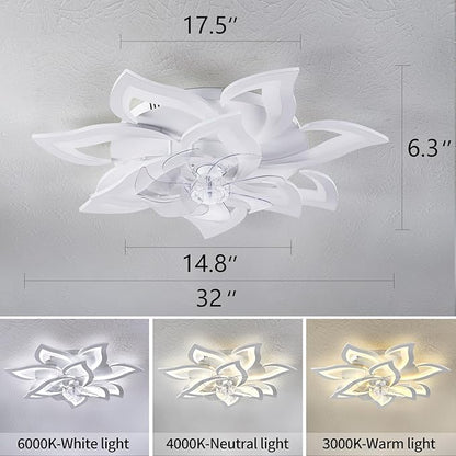 HuixuTe 32" Modern Geometric Ceiling Fan with Lights Remote Control, White 6 Speeds 3 Colors Low Profile Ceiling Fan with Light for Living Room