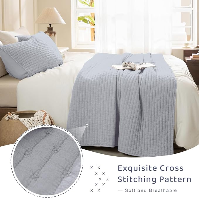 Sanracie Stonewashed Oversized King Quilt(120"x120"), Cotton Cornflower Blue Cross Stitch Pattern California King Quilt Sets 3Pcs Soft Lightweight Crinkle Bed Coverlet Set for All Season