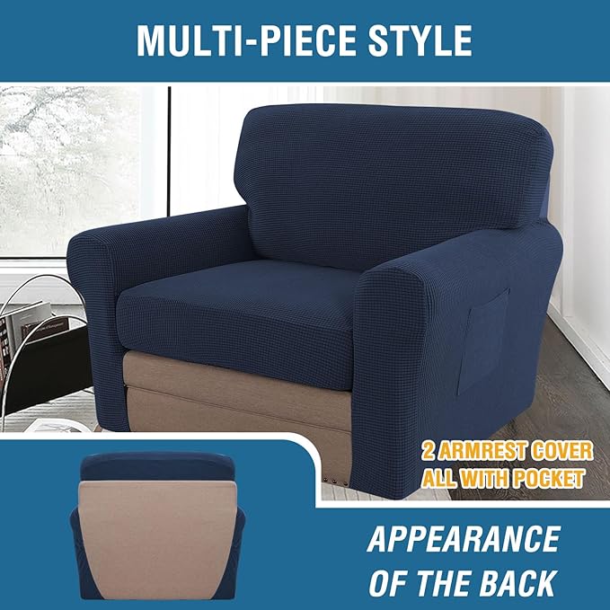 H.VERSAILTEX Multi-Pieces Chair Covers Stretch Couch Covers Form Fitted Seat and Back Cushions Covers (1 Seat Cover Plus 1 Back Cusion Cover, Bonus 2 Armrest Covers), Navy