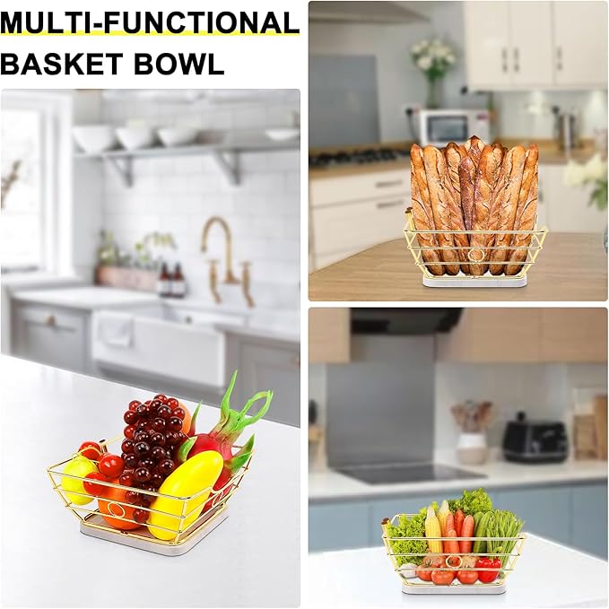 Livabber Countertop Fruit Basket Bowl with Banana Hanger, Modern Standing Fruit Vegetable Bowl Storage, with Banana Tree Holder for Kitchen Dinning Table (Square Marble, Gold)