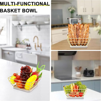 Livabber Countertop Fruit Basket Bowl with Banana Hanger, Modern Standing Fruit Vegetable Bowl Storage, with Banana Tree Holder for Kitchen Dinning Table (Square Marble, Gold)